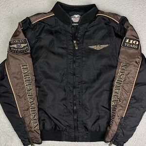 Harley-Davidson 110th Anniversary Bomber Jacket Mens Black Biker Motorcycle Sz L